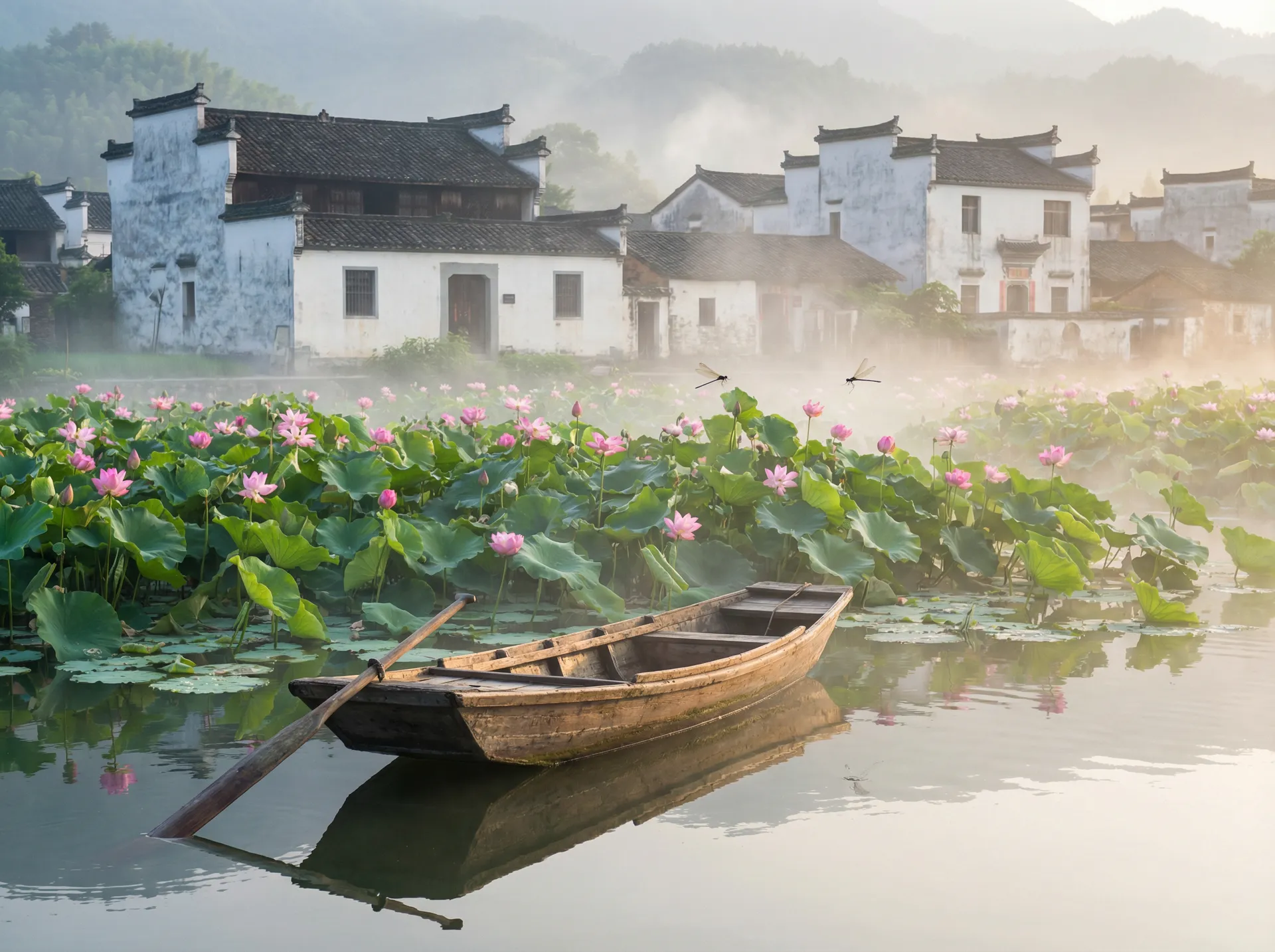 清晨荷塘小舟，粉色荷花盛开，白墙黑瓦的村庄 - 一路向西粤语百度影音 水乡风情